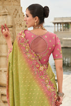 Monjolika Fashion Light Olive Green Viscose Tissue Silk Saree With Embroidery & Cutwork Border | Grocsy