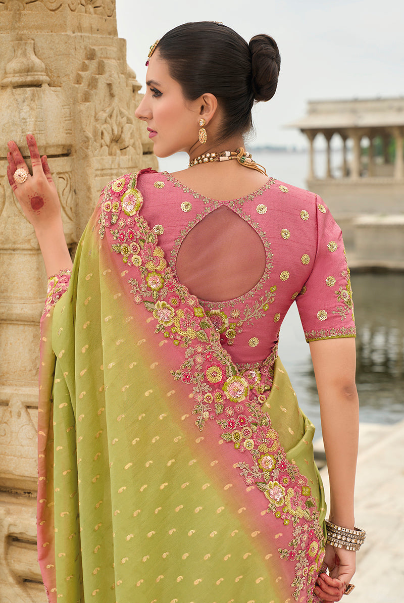 Monjolika Fashion Light Olive Green Viscose Tissue Silk Saree With Embroidery & Cutwork Border | Grocsy