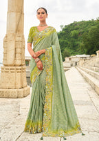 Monjolika Fashion Pistachio Viscose Tissue Silk Saree With Embroidery & Cutwork Border | Grocsy