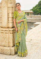 Monjolika Fashion Pistachio Viscose Tissue Silk Saree With Embroidery & Cutwork Border | Grocsy