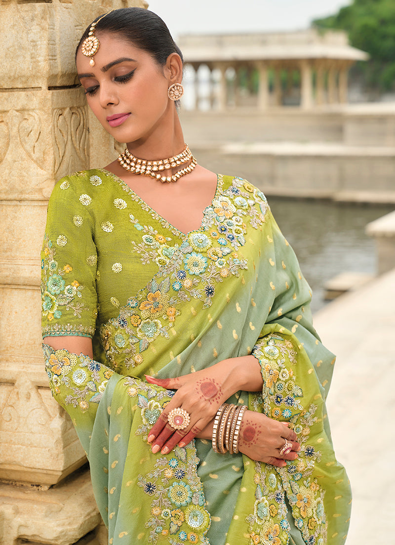 Monjolika Fashion Pistachio Viscose Tissue Silk Saree With Embroidery & Cutwork Border | Grocsy