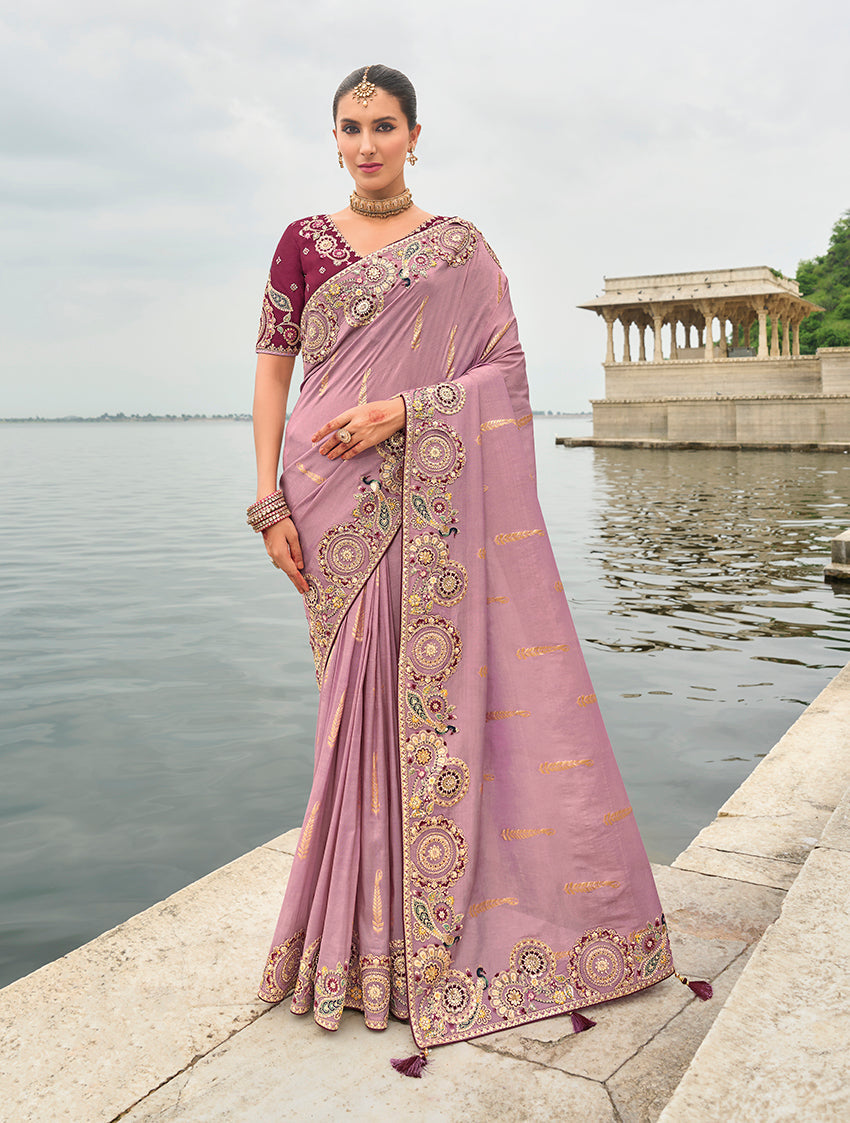 Monjolika Fashion Mauve Viscose Tissue Silk Saree With Embroidery & Cutwork Border | Grocsy