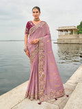 Monjolika Fashion Mauve Viscose Tissue Silk Saree With Embroidery & Cutwork Border | Grocsy