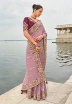 Monjolika Fashion Mauve Viscose Tissue Silk Saree With Embroidery & Cutwork Border | Grocsy
