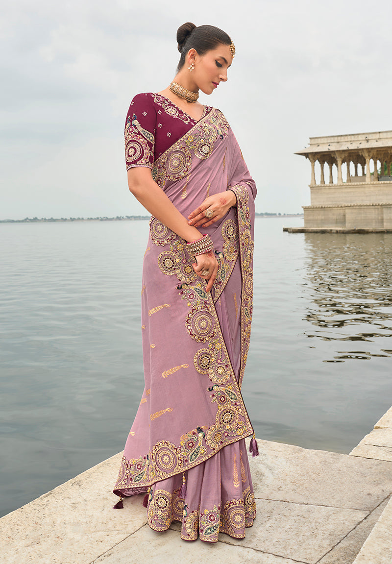 Monjolika Fashion Mauve Viscose Tissue Silk Saree With Embroidery & Cutwork Border | Grocsy