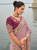 Monjolika Fashion Mauve Viscose Tissue Silk Saree With Embroidery & Cutwork Border | Grocsy