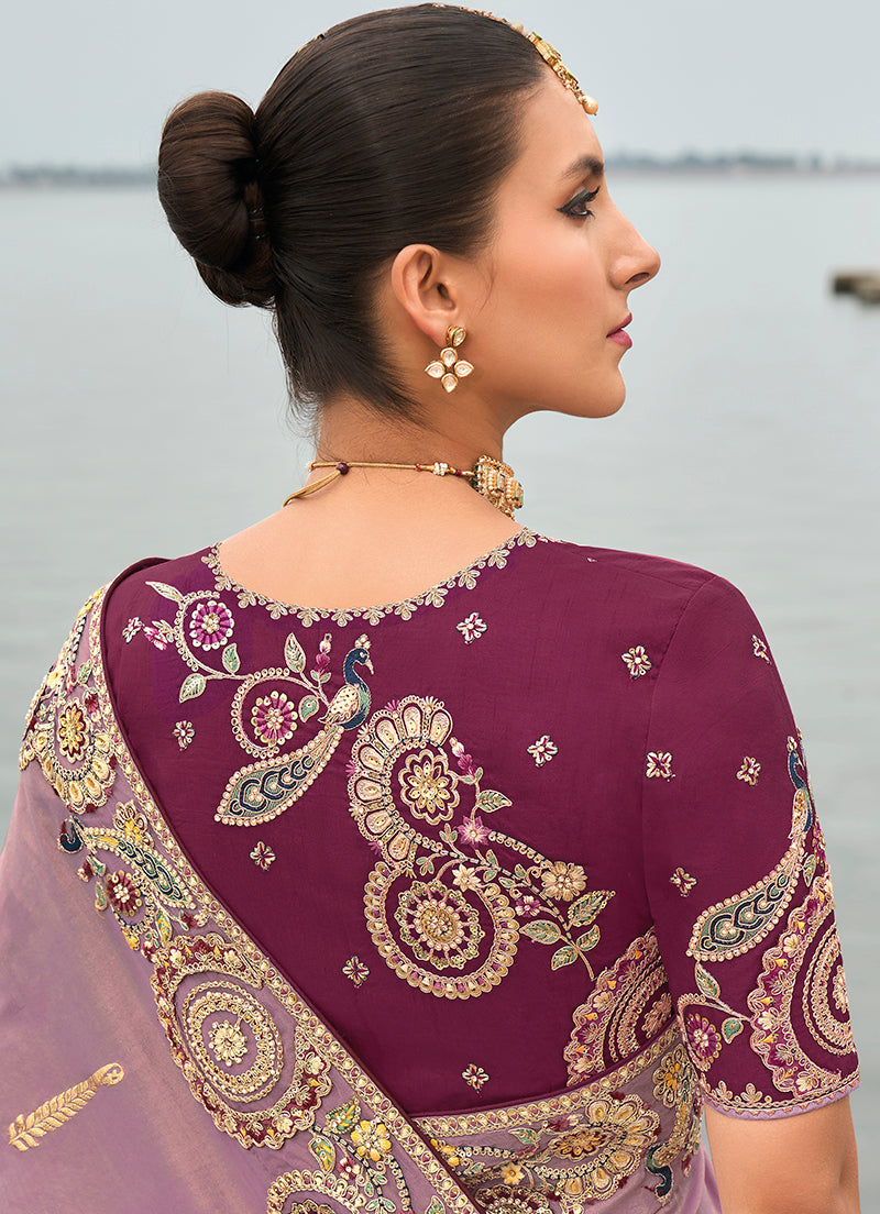 Monjolika Fashion Mauve Viscose Tissue Silk Saree With Embroidery & Cutwork Border | Grocsy