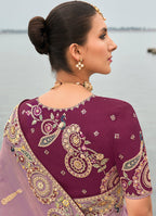 Monjolika Fashion Mauve Viscose Tissue Silk Saree With Embroidery & Cutwork Border | Grocsy
