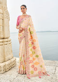 Monjolika Fashion Beige Viscose Tissue Silk Saree With Embroidery & Cutwork Border | Grocsy