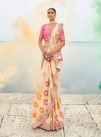 Monjolika Fashion Beige Viscose Tissue Silk Saree With Embroidery & Cutwork Border | Grocsy