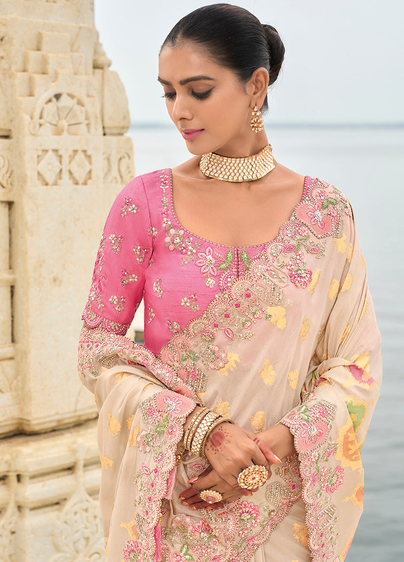 Monjolika Fashion Beige Viscose Tissue Silk Saree With Embroidery & Cutwork Border | Grocsy
