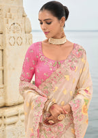 Monjolika Fashion Beige Viscose Tissue Silk Saree With Embroidery & Cutwork Border | Grocsy