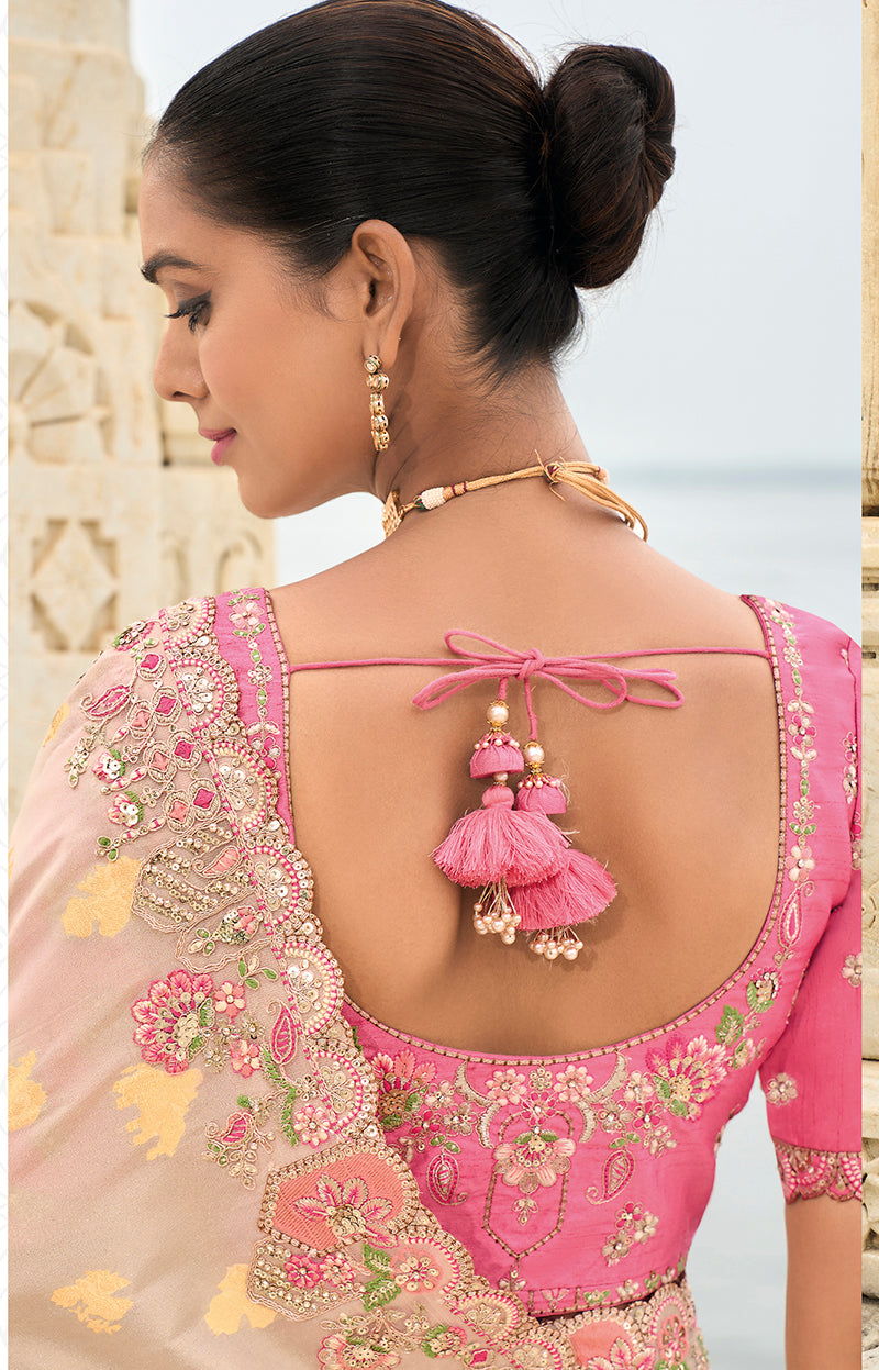 Monjolika Fashion Beige Viscose Tissue Silk Saree With Embroidery & Cutwork Border | Grocsy