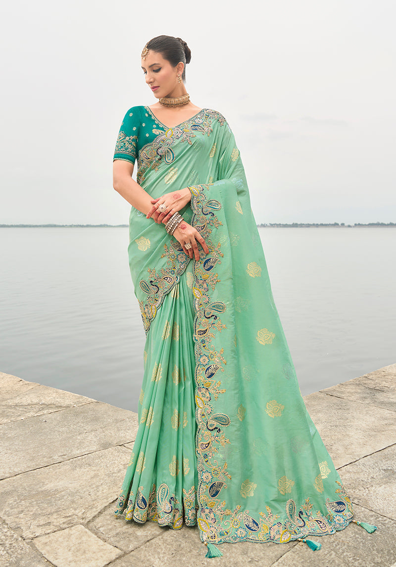 Monjolika Fashion Turquoise Viscose Tissue Silk Saree With Embroidery & Cutwork Border | Grocsy