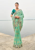 Monjolika Fashion Turquoise Viscose Tissue Silk Saree With Embroidery & Cutwork Border | Grocsy