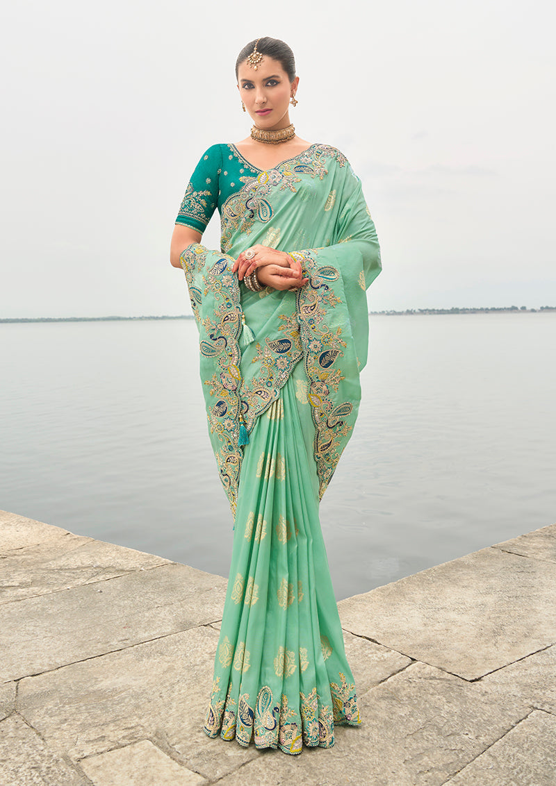 Monjolika Fashion Turquoise Viscose Tissue Silk Saree With Embroidery & Cutwork Border | Grocsy