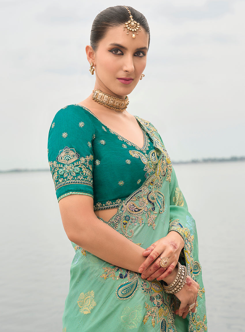 Monjolika Fashion Turquoise Viscose Tissue Silk Saree With Embroidery & Cutwork Border | Grocsy