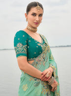 Monjolika Fashion Turquoise Viscose Tissue Silk Saree With Embroidery & Cutwork Border | Grocsy