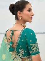 Monjolika Fashion Turquoise Viscose Tissue Silk Saree With Embroidery & Cutwork Border | Grocsy