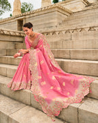 Monjolika Fashion Pink Viscose Tissue Silk Saree With Embroidery & Cutwork Border | Grocsy