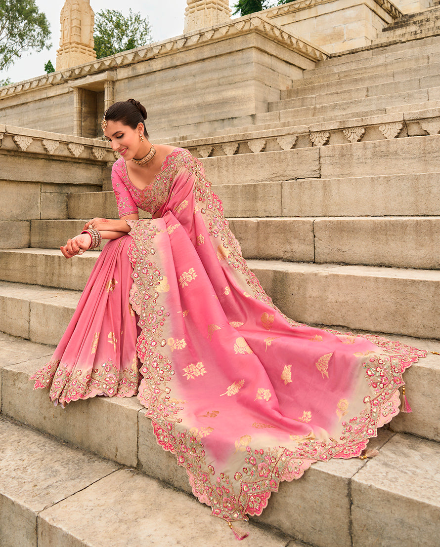 Monjolika Fashion Pink Viscose Tissue Silk Saree With Embroidery & Cutwork Border | Grocsy