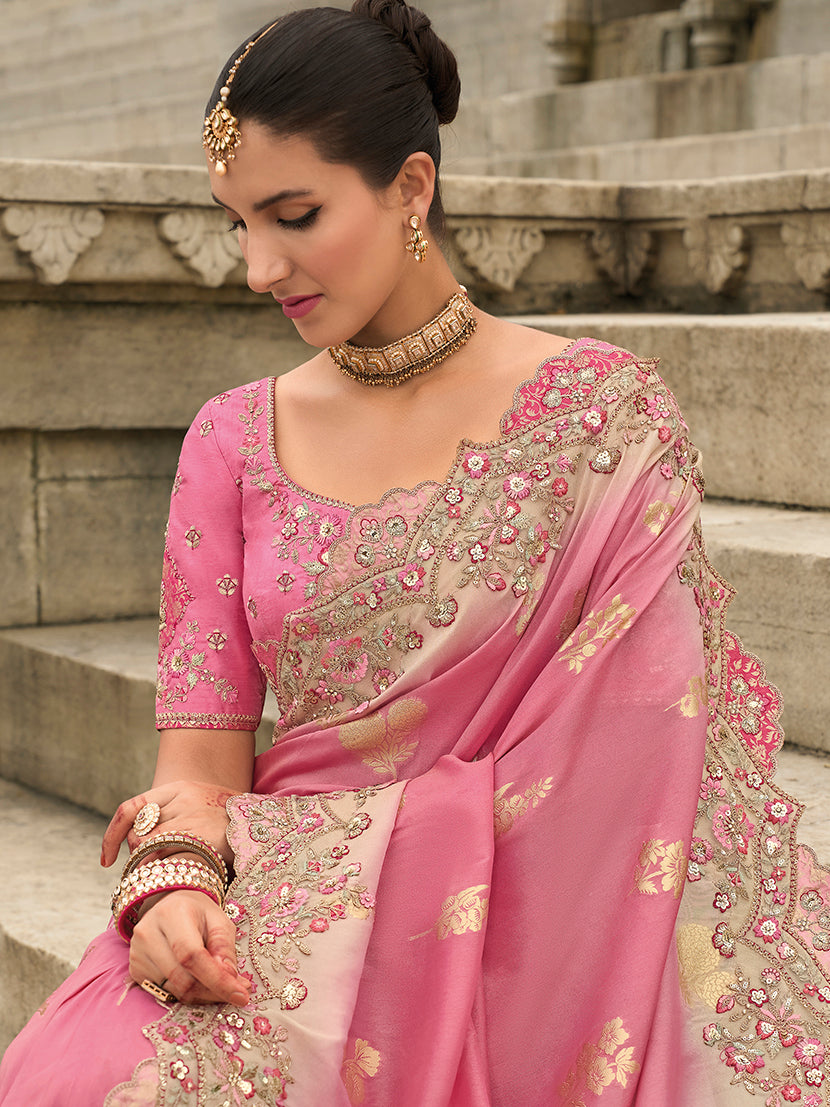 Monjolika Fashion Pink Viscose Tissue Silk Saree With Embroidery & Cutwork Border | Grocsy