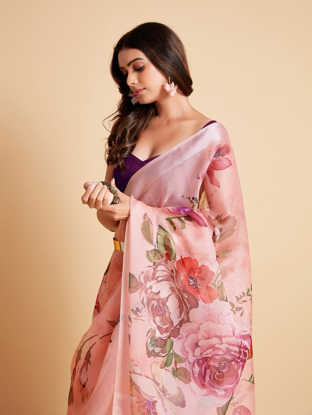 Sangria Peach-Coloured & Purple Floral Organza Saree | Grocsy