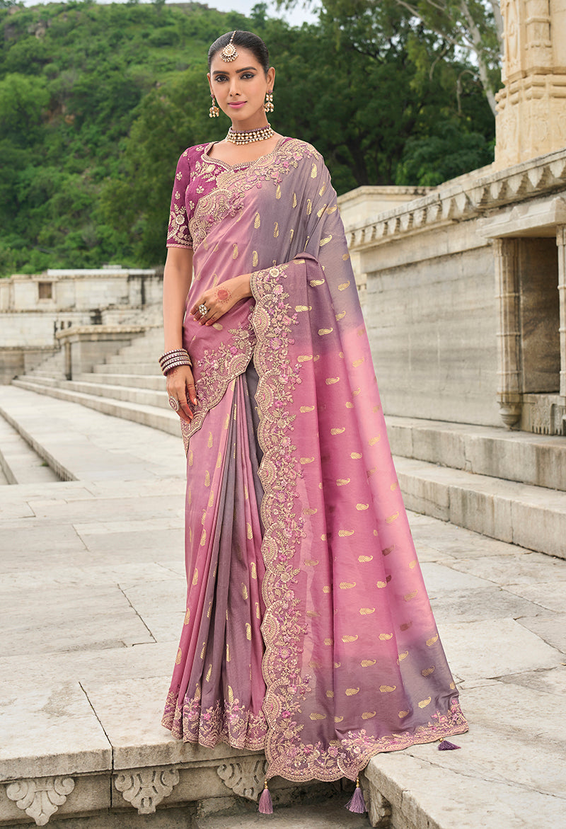 Monjolika Fashion Pink & Mauve Shaded Viscose Tissue Silk Saree With Embroidery & Cutwork Border | Grocsy