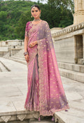 Monjolika Fashion Pink & Mauve Shaded Viscose Tissue Silk Saree With Embroidery & Cutwork Border | Grocsy