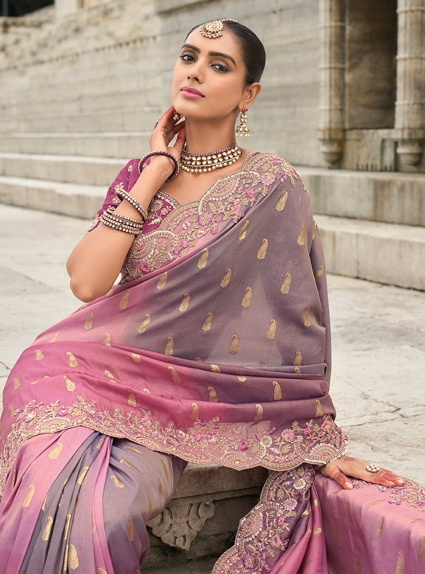 Monjolika Fashion Pink & Mauve Shaded Viscose Tissue Silk Saree With Embroidery & Cutwork Border | Grocsy