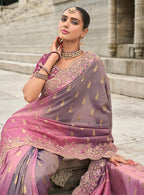 Monjolika Fashion Pink & Mauve Shaded Viscose Tissue Silk Saree With Embroidery & Cutwork Border | Grocsy