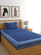 Rajasthan Decor Navy Blue Block Print 144 TC Cotton 1 Single Bedsheet with 2 Pillow Covers | Grocsy