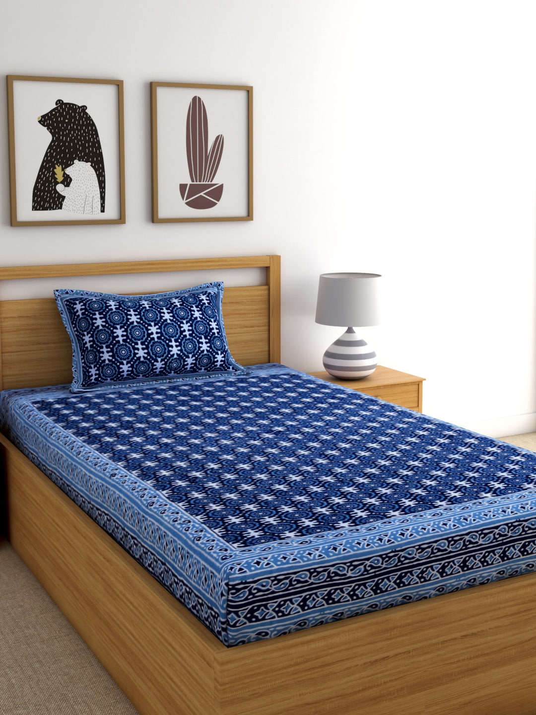 Rajasthan Decor Navy Blue Block Print 144 TC Cotton 1 Single Bedsheet with 2 Pillow Covers | Grocsy