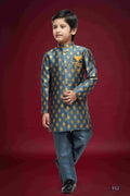 Raivat Ethnic Kids Banarasi Jacquard Woven Work Semi Indo Western Set Dark Grey Colour | Grocsy