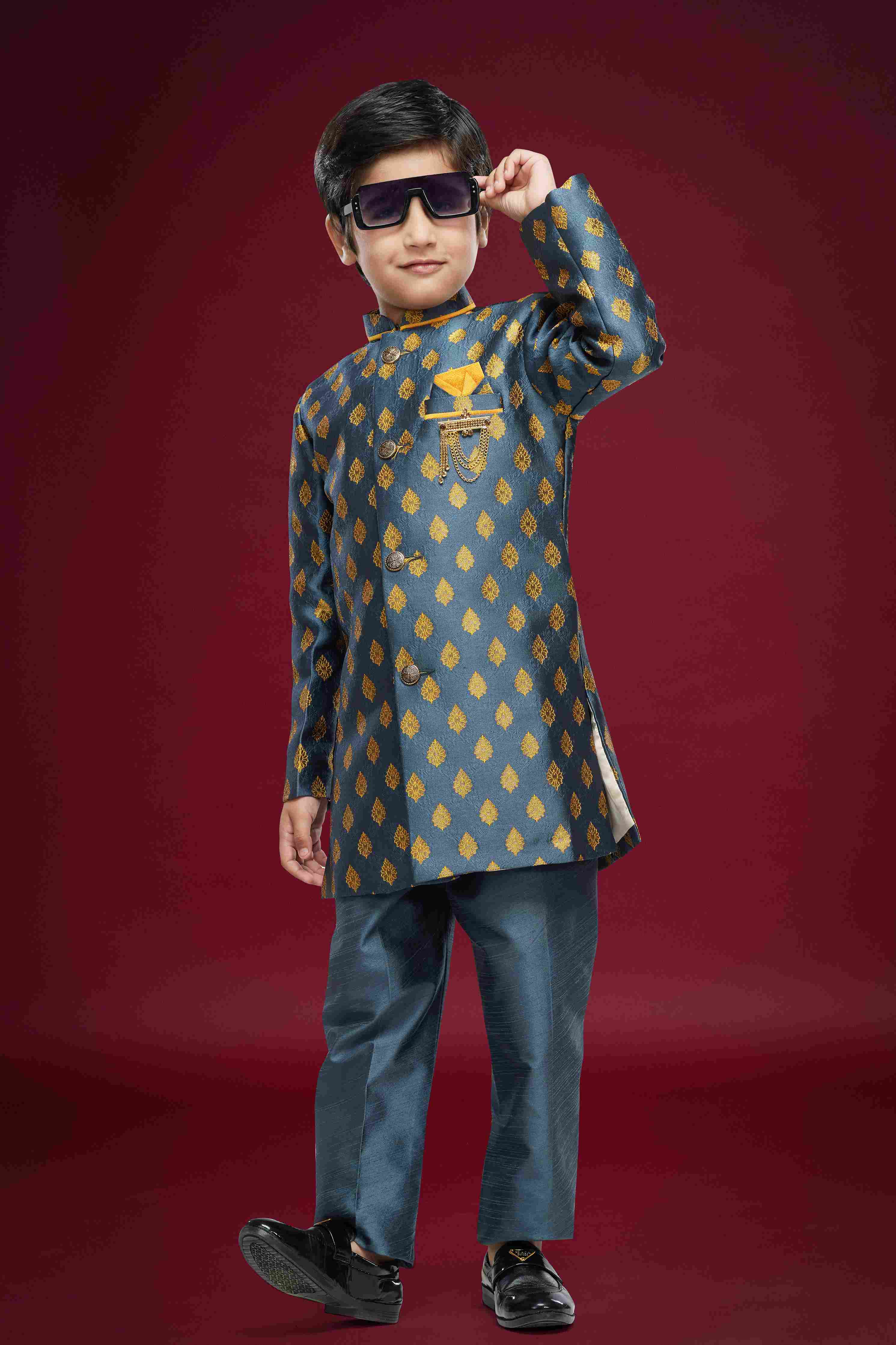 Raivat Ethnic Kids Banarasi Jacquard Woven Work Semi Indo Western Set Dark Grey Colour | Grocsy