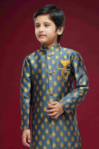Raivat Ethnic Kids Banarasi Jacquard Woven Work Semi Indo Western Set Dark Grey Colour | Grocsy