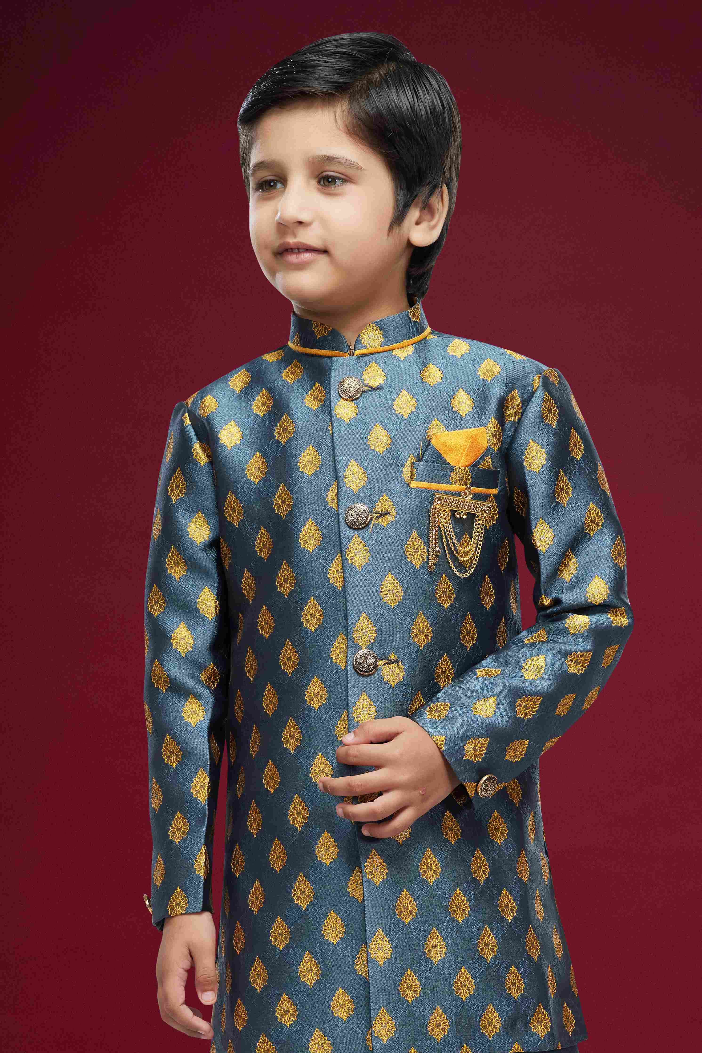 Raivat Ethnic Kids Banarasi Jacquard Woven Work Semi Indo Western Set Dark Grey Colour | Grocsy