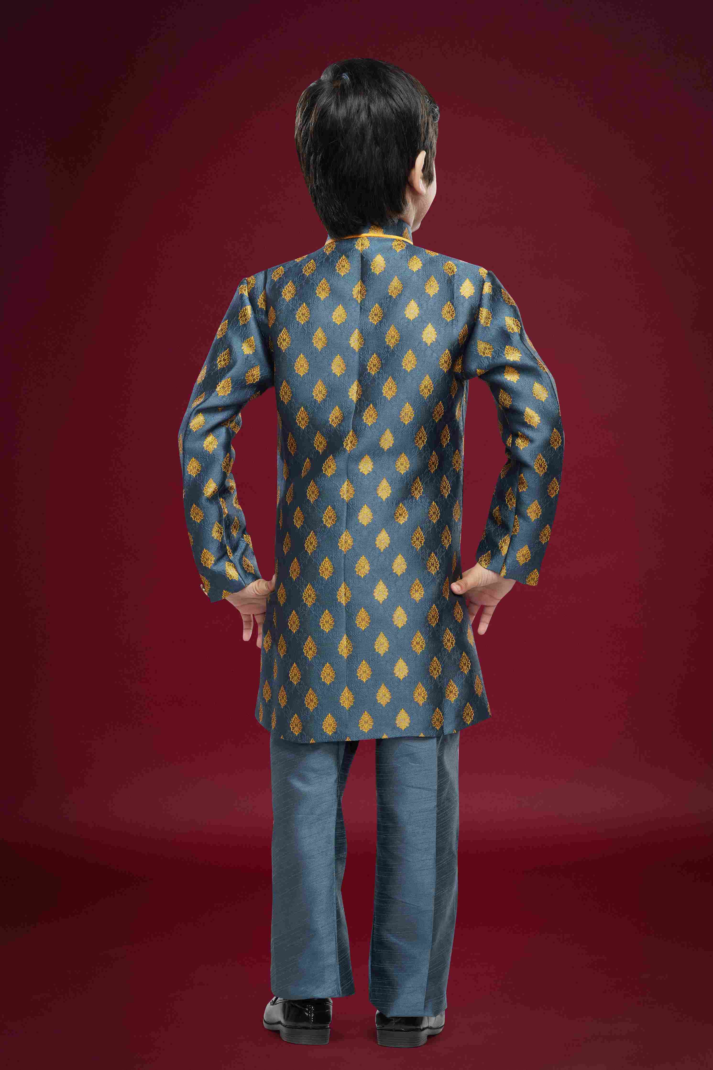 Raivat Ethnic Kids Banarasi Jacquard Woven Work Semi Indo Western Set Dark Grey Colour | Grocsy