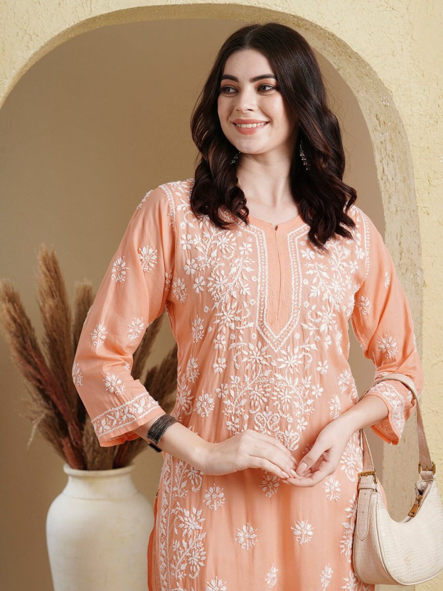 ADA Ethnic Motifs Embroidered Lucknowi Chikankari Detailed Modal Cotton Straight Kurta | Grocsy