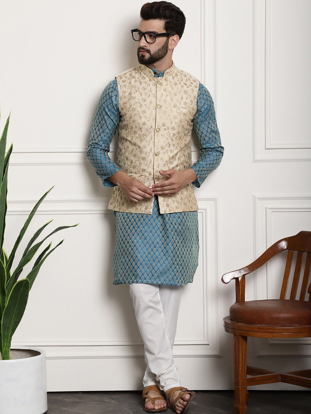 Sojanya Woven Design Mandarin Collar Kurta with Churidar & Nehru Jacket | Grocsy