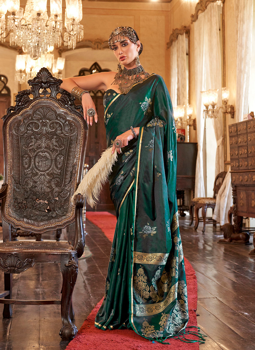 Monjolika Fashion Luxurious Dark Emerald Green Satin Silk Saree With Intricate Weaving Design | Grocsy