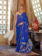 Monjolika Fashion Luxurious Royal Blue Satin Silk Saree With Intricate Weaving Design | Grocsy