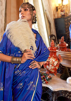 Monjolika Fashion Luxurious Royal Blue Satin Silk Saree With Intricate Weaving Design | Grocsy