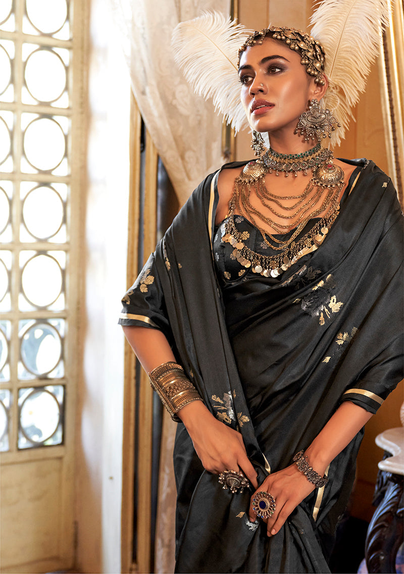 Monjolika Fashion Luxurious Black Satin Silk Saree With Intricate Weaving Design | Grocsy