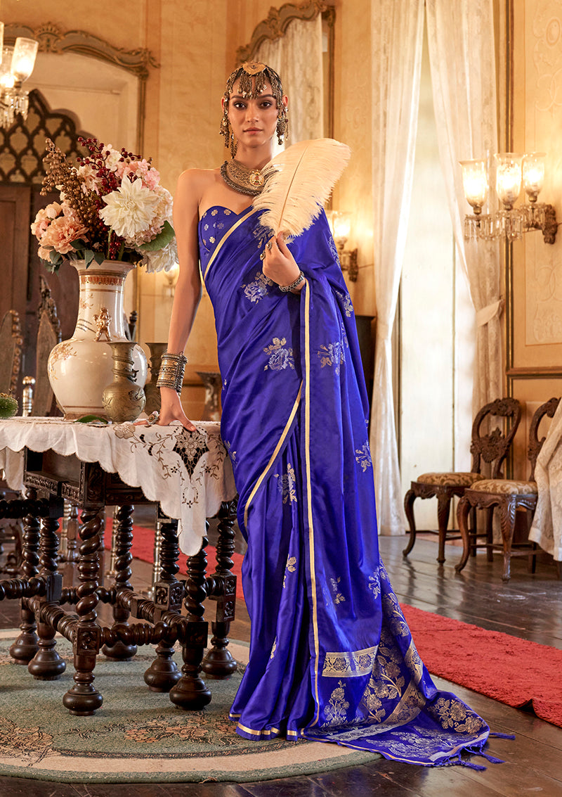 Monjolika Fashion Luxurious Indigo Satin Silk Saree With Intricate Weaving Design | Grocsy