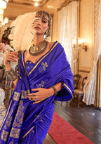 Monjolika Fashion Luxurious Indigo Satin Silk Saree With Intricate Weaving Design | Grocsy