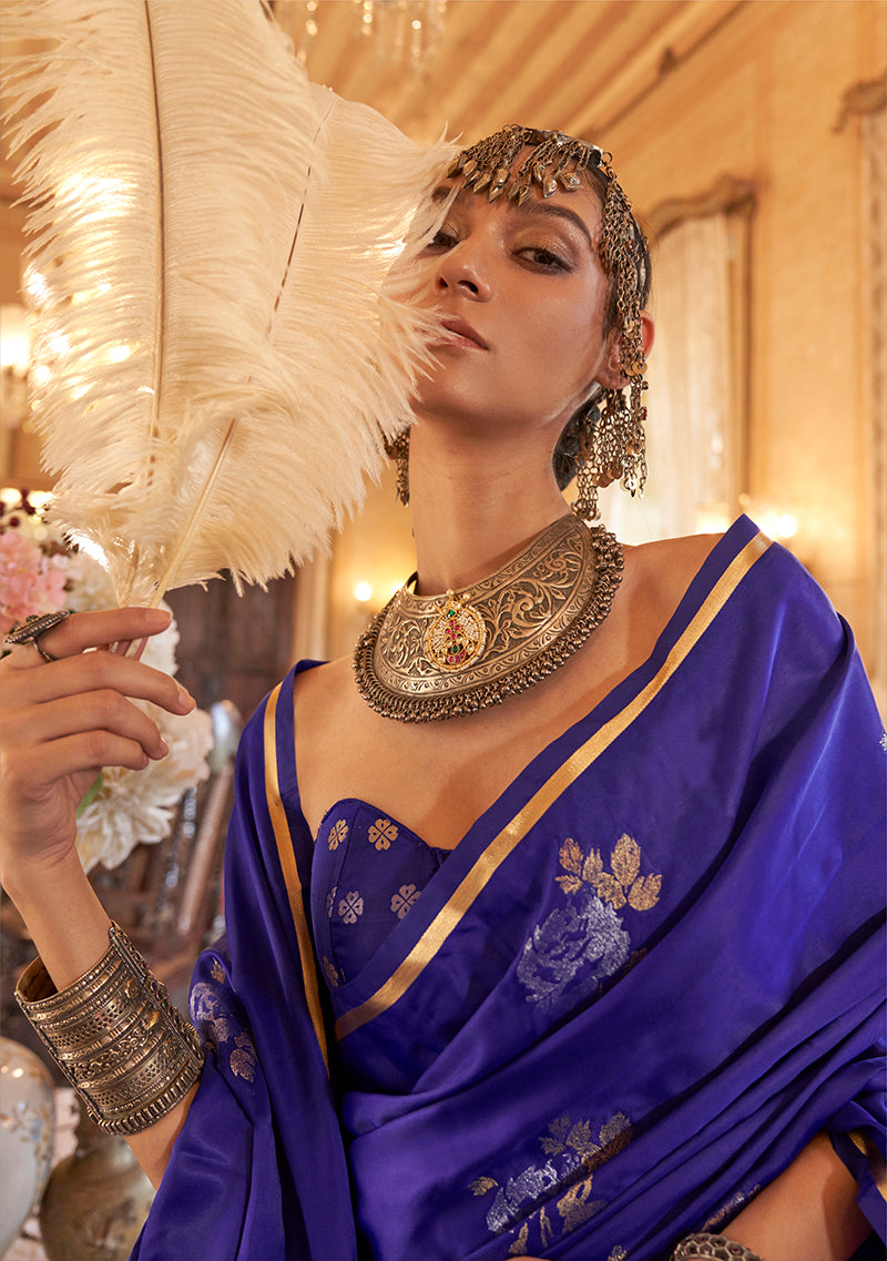 Monjolika Fashion Luxurious Indigo Satin Silk Saree With Intricate Weaving Design | Grocsy