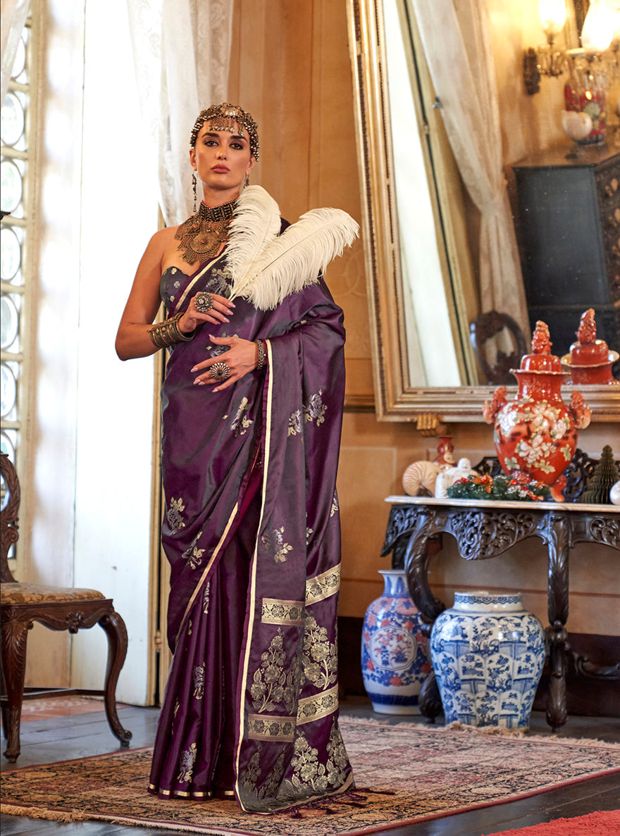Monjolika Fashion Luxurious Wine Satin Silk Saree With Intricate Weaving Design | Grocsy
