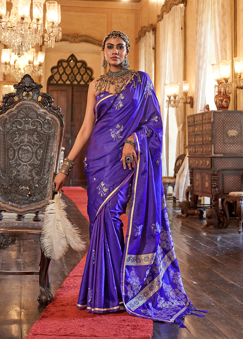 Monjolika Fashion Luxurious Royal Purple Satin Silk Saree With Intricate Weaving Design | Grocsy