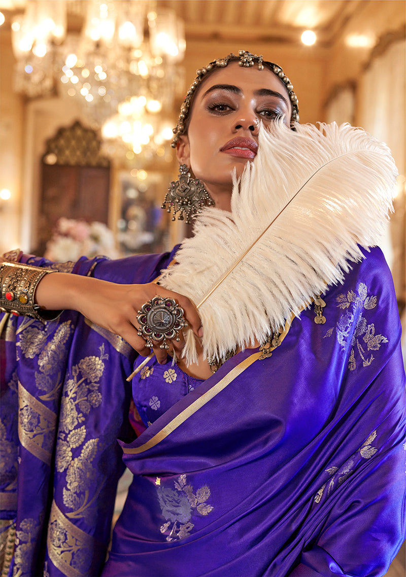Monjolika Fashion Luxurious Royal Purple Satin Silk Saree With Intricate Weaving Design | Grocsy